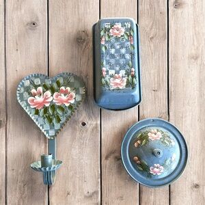 Hand Painted Vintage Farmhouse Tin Kitchen Wall Decor Tole Set of 3 Signed
